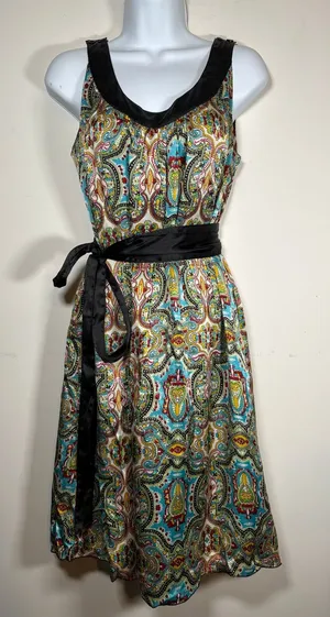 LulaKate Paisley Silk Dress Multicolor Satin Trim Belted Cocktail Boho Size 10 thumbnail 1