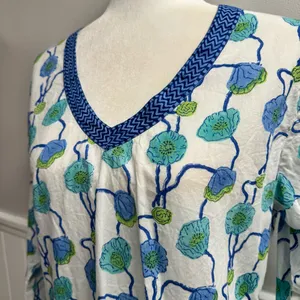 Gretchen Scott Long Sleeve Tunic Top Blouse Floral Blue Green Cotton Medium thumbnail 4