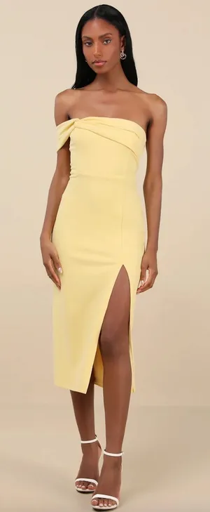 Lulus Twist and Make Up Light Yellow One-Shoulder Bodycon Midi Dress XS NWT thumbnail 1