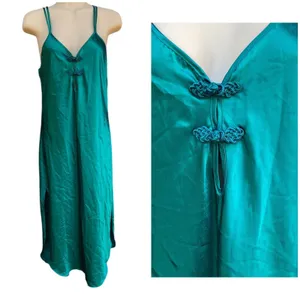 Vtg California Dynasty Emerald Green Satin Maxi Slip Dress Size S Chinese Knot thumbnail 4