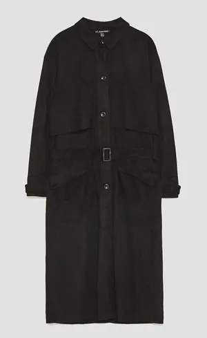 Zara Faux Suede Black Belted Trench Coat M thumbnail 1