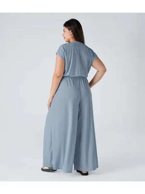 Halara V Neck Short Sleeve Pockets Wide Leg Flowy Waffle Jumpsuit Blue 2X thumbnail 2