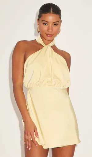 NWT Lulus Sleek Essence Light Yellow Satin Halter Sleeveless Mini Dress Party M thumbnail 1