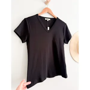 Madewell | NWT 90s V Neck Baby Tee Black Compact Cotton Fitted | Sz L thumbnail 3