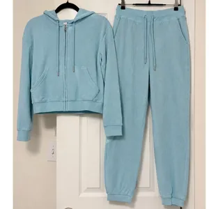 Auden Blue Waffle Knit 2 Piece Hoodie Jogger Lounge Set XS Cotton Blend thumbnail 2