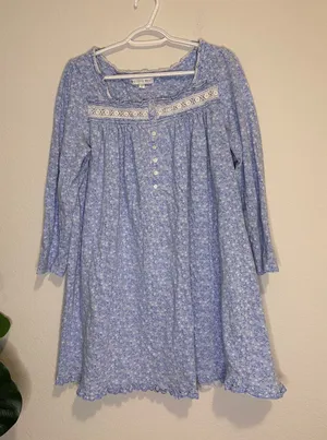 Eileen West Light Blue white Floral Long-Sleeve Nightdress with Lace Trim Large thumbnail 1