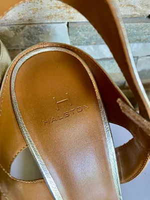 H by Halston Metallic Gold Leather Ankle Strap Sandals thumbnail 2
