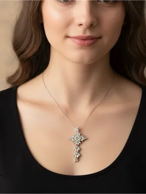 Silver And Rhinestone Cross Necklace Pendent thumbnail 1