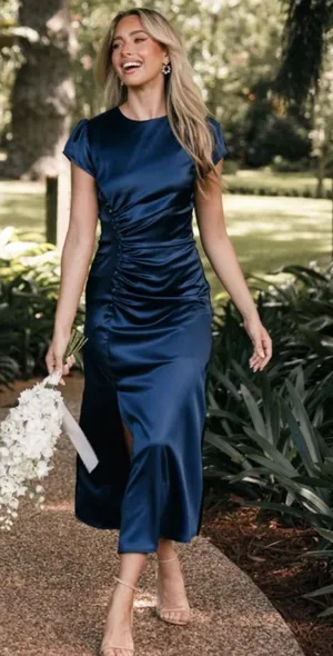 Petal + Pup Lisbeth Ruched Satin Midi Dress Navy Large NWT thumbnail 1