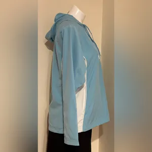 Reebok Blue Softshell Windbreaker 1/4 Zip Hoodie Jacket White Side Panels Sz M thumbnail 5