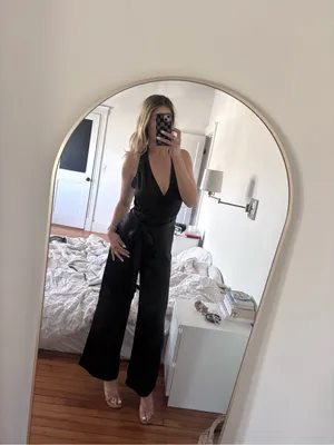 ZARA Jumpsuit Black V Neck Satin Effect Halter Wide Leg S thumbnail 2