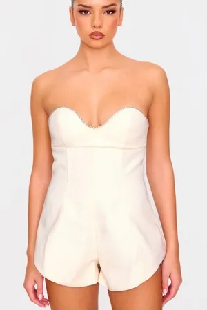 PrettyLittleThing cream diamante detail playsuit Romper Bride to be size 2 thumbnail 1