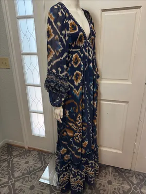 FARM Rio Pineapple Blue Ikat Maxi Dress Boho Long Sleeve Altered Length Small thumbnail 9