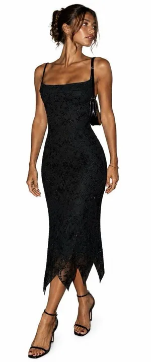 Vtg Black Velvet Burnout Midi Dress Medium Floral handkerchief hem Whimsigoth thumbnail 1