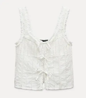 Zara Ruffle Eyelet Lace Tie Front Tank Top in White - XS thumbnail 3