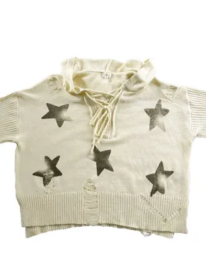 POL Distressed Star Print Knit Hoodie Sweater Cream Ivory Small Like New thumbnail 2