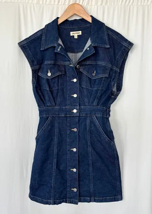 GRLFRND Celeste Denim Vest Dress XS Mini Sleeveless Dark Wash Button Boho Fall thumbnail 1