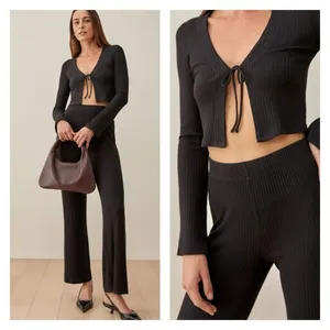 Reformation Mirabel Ribbed Hi Rise‎ Stretch Straight Leg Lounge Black Pants XS thumbnail 2