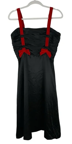 Betsey Johnson NY Vintage 90s Y2K Black Silk Red Velvet Bow Dress Gown Goth Punk thumbnail 1