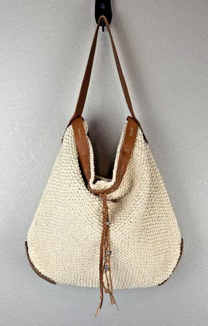 Lucky Brand Ivory Cotton‎ Crochet Leather Trim Boho Hobo Shoulder Bag Purse Tote thumbnail 1