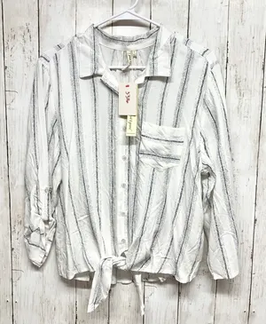 Grand & Greene Striped Tie Front Button Down‎ Women L Ivory Black Rayon RP066631 thumbnail 1
