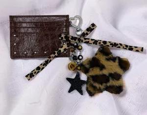 Cute Espresso Brown Card Holder Wallet w/ Keychain Leopard Plush Star Charm thumbnail 1