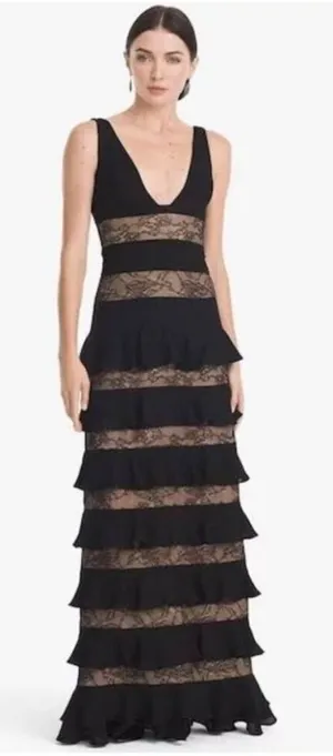 ML Monique Lhuillier Black Lace Panel Tiered sleeveless Formal Gown Dress 10 thumbnail 1