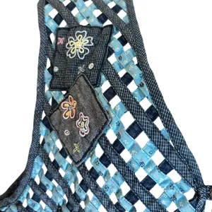 NAPA VALLEY Denim Vest SZ 1X Mixed Media Patches Open Weave Embroidery Western thumbnail 6