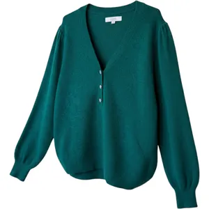 LOFT Sweater XL Green Rhinestone Button Puff Sleeve V-Neck Pullover Holiday thumbnail 1