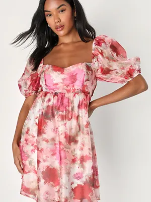 Lulus Darling Aura Pink Floral‎ Organza Babydoll Mini Dress XL thumbnail 5