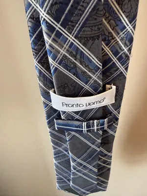 Pronto Uomo Men's Tie Blue Gray White Plaids & Checks Pattern Necktie thumbnail 3