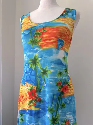 Vintage Y2K Tropical Hawaiian Print Lightweight Scoop Neck Sleeveless Maxi Dress thumbnail 5