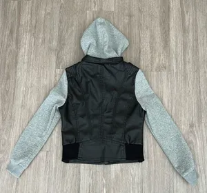 Last Kiss Y2K Black Leather Hybrid Gray Hooded Zip Moto Jacket Size Medium thumbnail 8