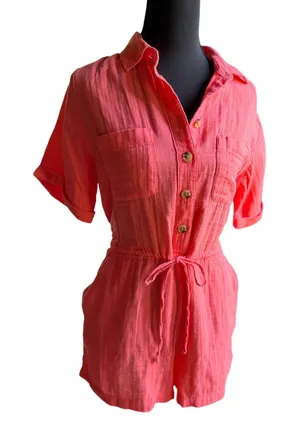 Old Navy XS Petite Coral Double Gauze Romper 100% Cotton Button Front Pockets thumbnail 1