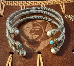 Silver-Tone Twisted Cable Cuff Bracelet with Pearl and Turquoise Accents thumbnail 1