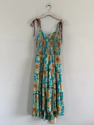 NWT Free People Adriel Hawaiian Ocean Combo Blue Floral‎ Boho Tiered Midi Dress thumbnail 3