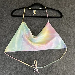 RESA Pastel Rainbow Tie Dye Cowl Neck Halter Top Shimmer Satin XS Made in LA Y2K thumbnail 1