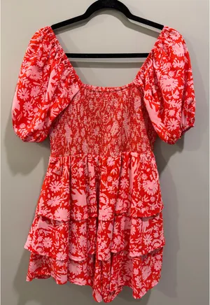 Entro Floral Patterned Smocked Puff Sleeve Ruffle Skirt Romper Dress thumbnail 6