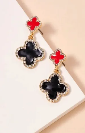 Game Day Enamel Clover Dangling | Earrings-Red & Black thumbnail 1