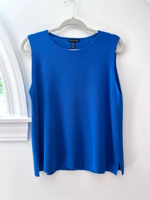Eileen Fisher Superfine Merino Wool Womens M Blue Sleeveless Knit Tank Sweater thumbnail 2