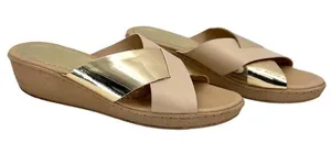 Sary Metallic Gold and Beige Tan Open Toe Wide Strap Slide Sandal Size 7 thumbnail 1
