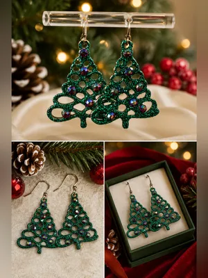 Glitter Christmas Tree Earrings Green Rhinestone Holiday Dangle Jewelry thumbnail 2
