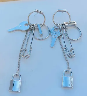 Silver Tone Key Lock Safety Pin Earrings thumbnail 1