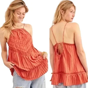 Free People‎ Elisa Tunic Tank Top XS Coral Orange Lace Trim Halter Sleeveless thumbnail 10