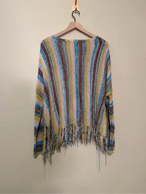 Natural Life Santa Fe Pullover Sage Stripe Boho Sweater Top with Fringe Bottom thumbnail 6
