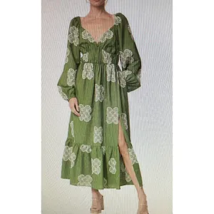CIEBON Serbita green white Embroidered tiered peasant Dress Size Small Linen thumbnail 12