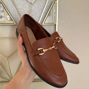 LOFT Horsebit Loafers Cognac Brown Gold Bit Size 6 Vegan Leather Classic Preppy thumbnail 3