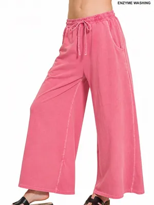 NEW Fuchsia Pink Cotton French Terry Pigment Dye Wide Leg Pants Large thumbnail 2