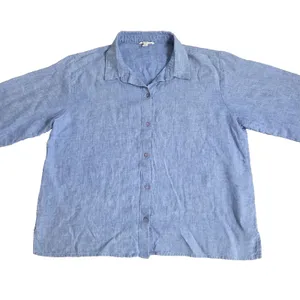 Eileen Fisher 100% Organic Linen Blue Button Down Top Size L Half Sleeve Boxy thumbnail 4