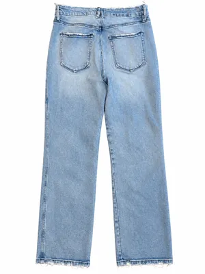 Good American Jeans 12/31 High Rise Straight Leg Light Wash Distressed Raw Hem thumbnail 3